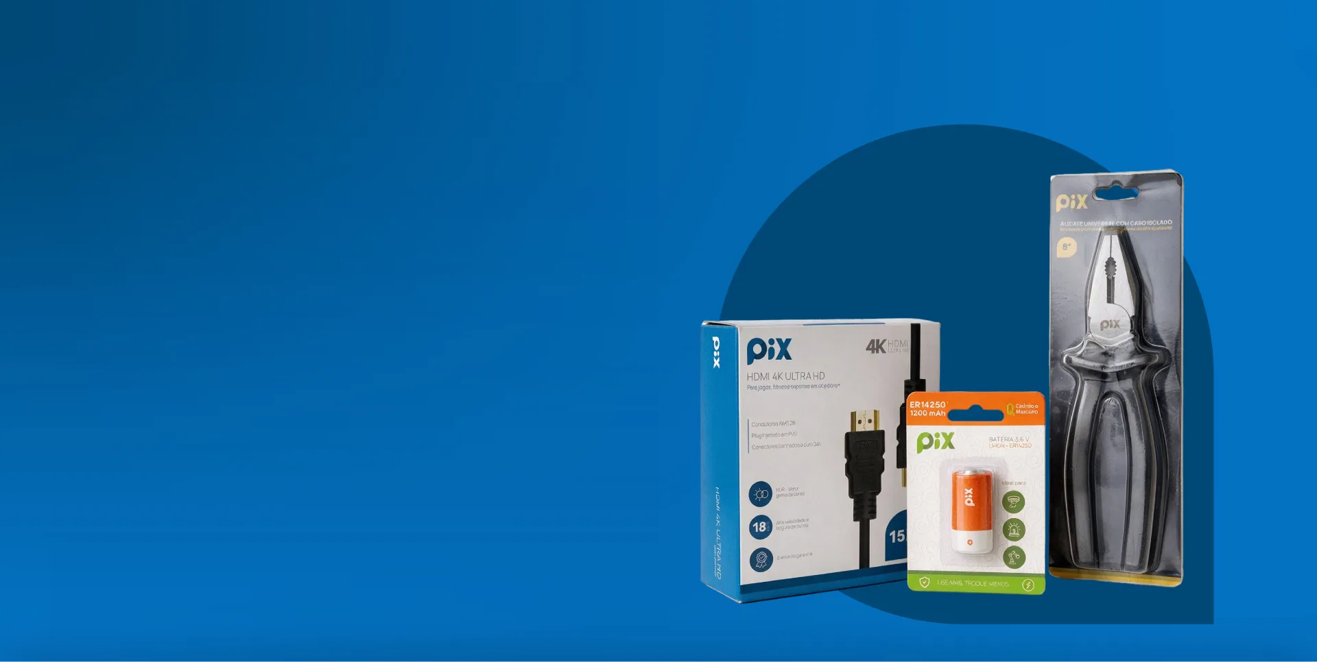 Embalagens Pix: cabo HDMI 4K, bateria ER14250 e alicate universal
